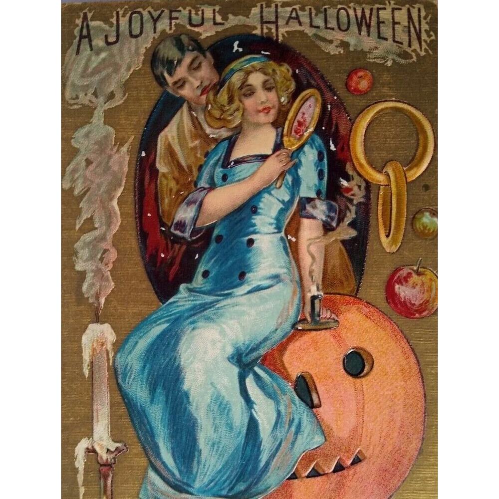 Victorian Halloween Postcard Lady Mirror Lover Gold Rings JOL 1910 Series 552